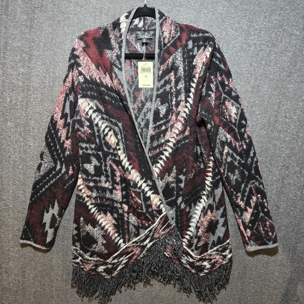 Lucky Brand Cardigan Sweater Women M Aztec Southwestern Fringe Knit Multicolor